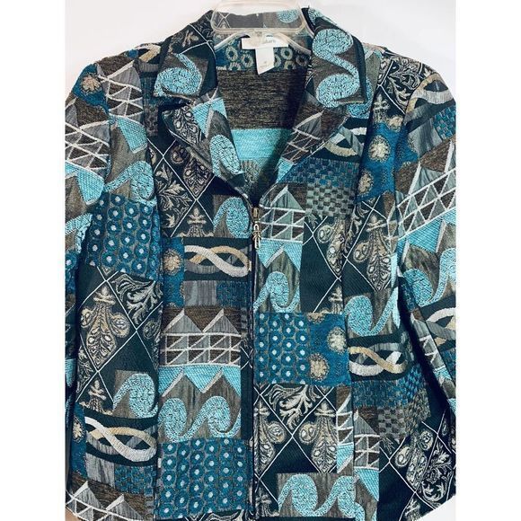 Dress Barn Women's Patterned Collared Full‎ Zip Dress Blazer Jacket Teal Blue M - Picture 2 of 5